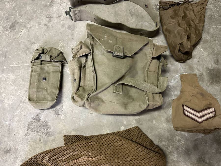 SADF LOT SOLD TOGETHER-PATROL BAG-BELT-BATHROOM BAG-AMMO POUCH,RANK AND SCARF