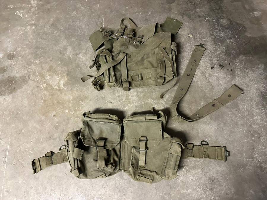 SADF Pattern 73 webbing. Kidney pouches with belt and small patroll back pack. Sold with extra webbi