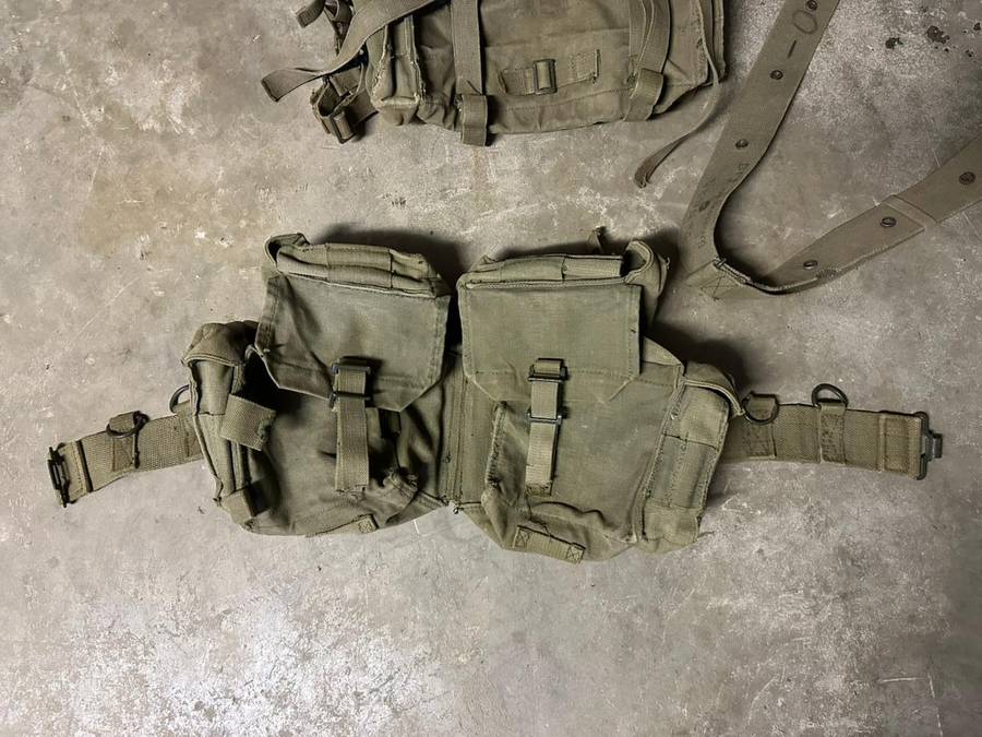 SADF Pattern 73 webbing. Kidney pouches with belt and small patroll back pack. Sold with extra webbi