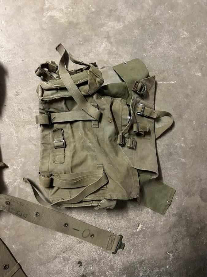 SADF Pattern 73 webbing. Kidney pouches with belt and small patroll back pack. Sold with extra webbi