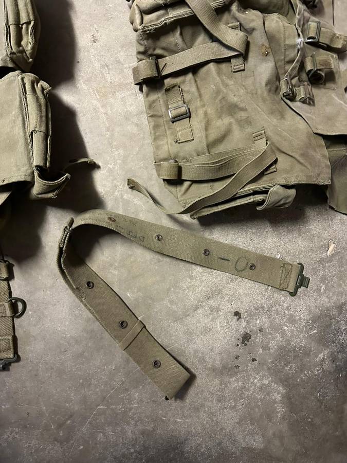 SADF Pattern 73 webbing. Kidney pouches with belt and small patroll back pack. Sold with extra webbi