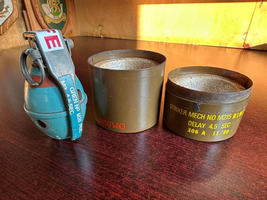 SADF M26 practice grenade in complete condition with tube. Inert.