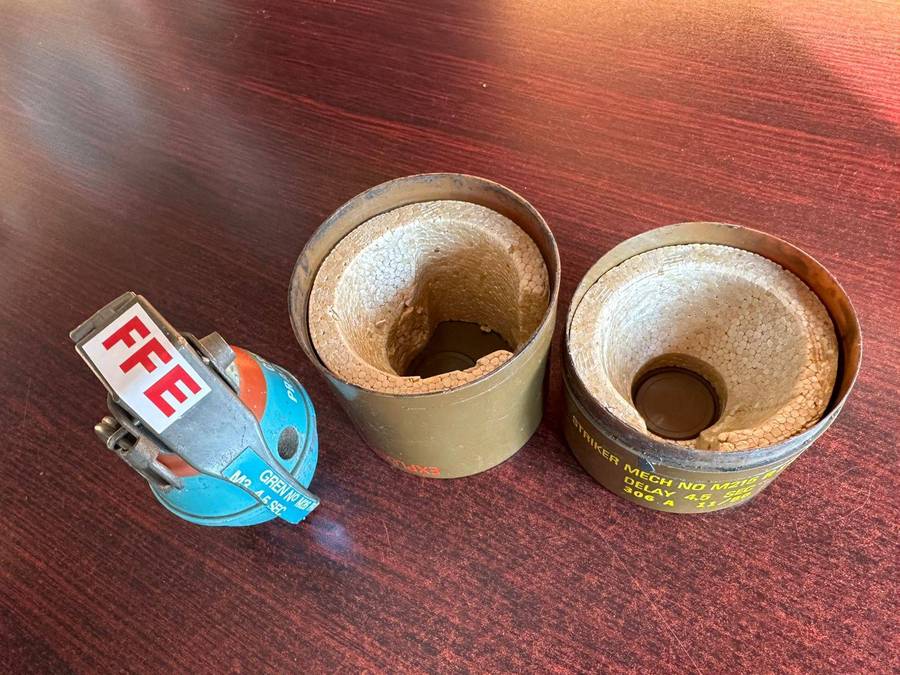 SADF M26 practice grenade in complete condition with tube. Inert.