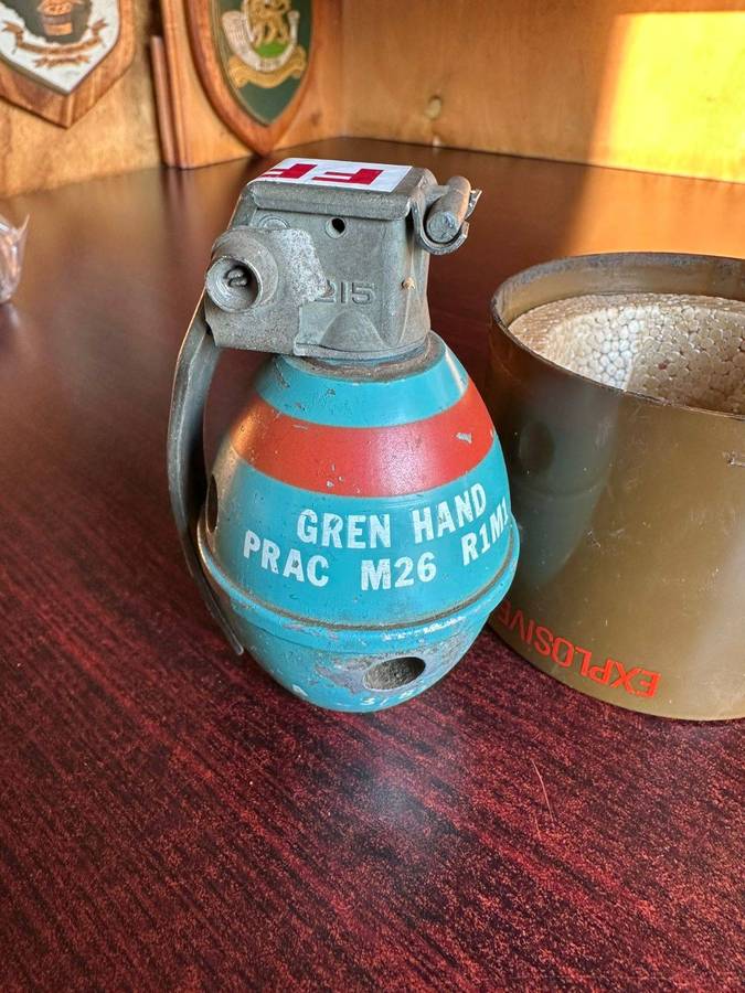 SADF M26 practice grenade in complete condition with tube. Inert.