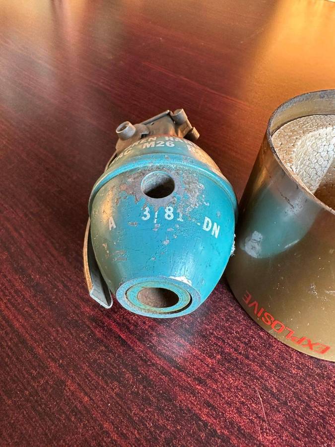 SADF M26 practice grenade in complete condition with tube. Inert.