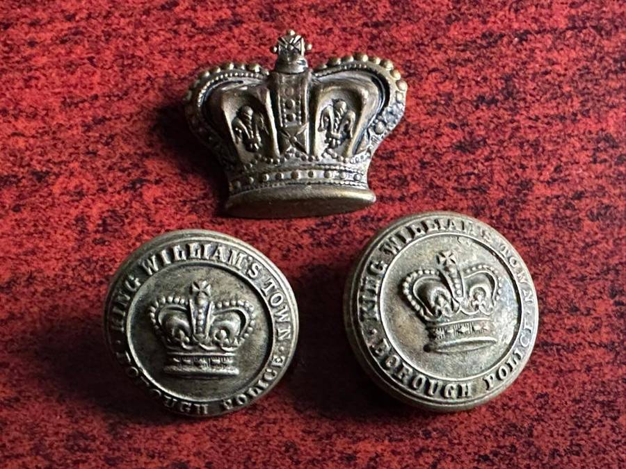 King Williams Town borough police buttons and crown. Worn pre 1902(Queens Crown)white metal. Diamete