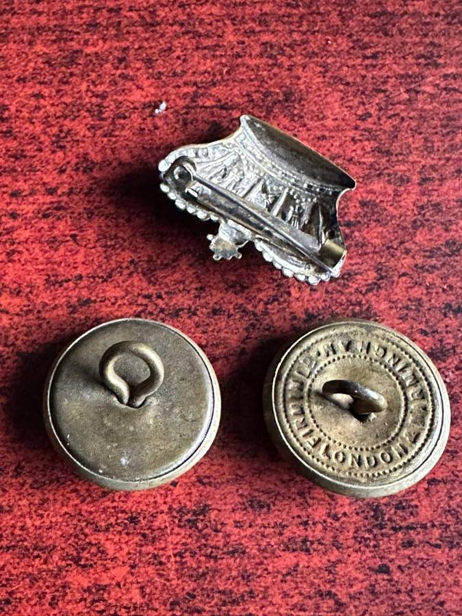 King Williams Town borough police buttons and crown. Worn pre 1902(Queens Crown)white metal. Diamete