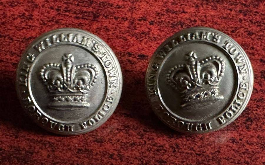 King Williams Town borough police buttons. Pre 1902 (Queens Crown) white metal. Diameter 25mm.