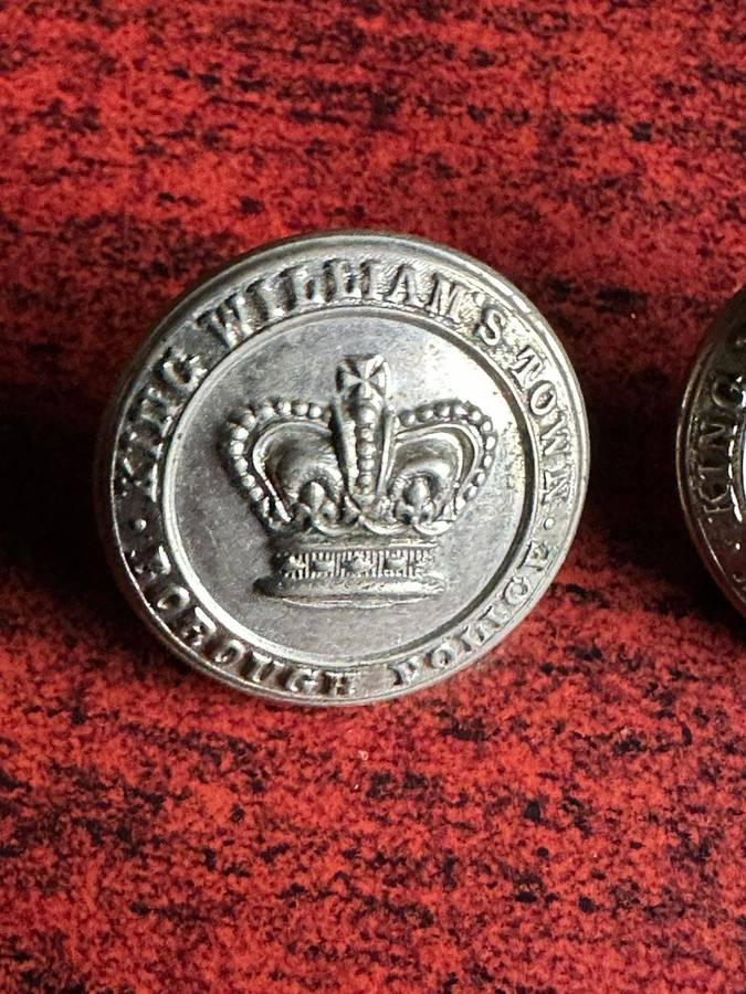 King Williams Town borough police buttons. Pre 1902 (Queens Crown) white metal. Diameter 25mm.