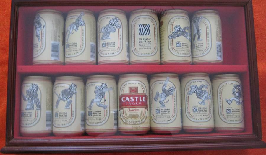 2003 ICC Cricket World Cup 12 Castle Beer Can Collection in Display Case