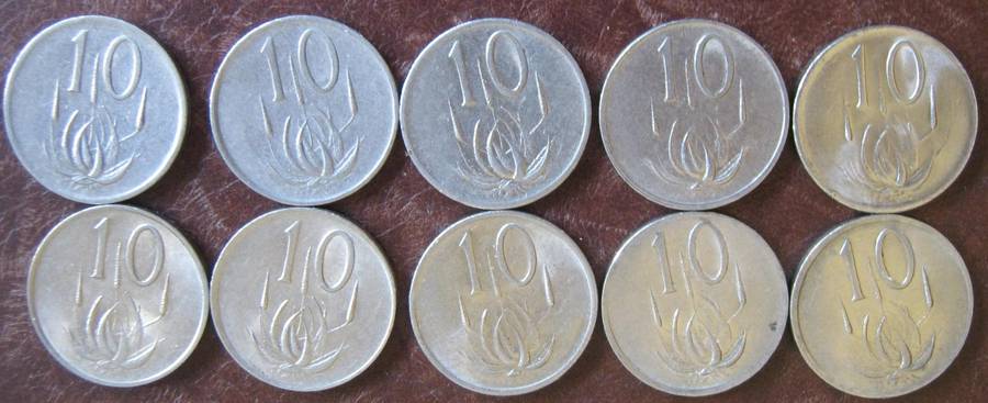 10 South African 10c Coins 1980 | 1981 | 1982 |1983| 1984 |1985 | 1986 | 1987 | 1988 | 1989