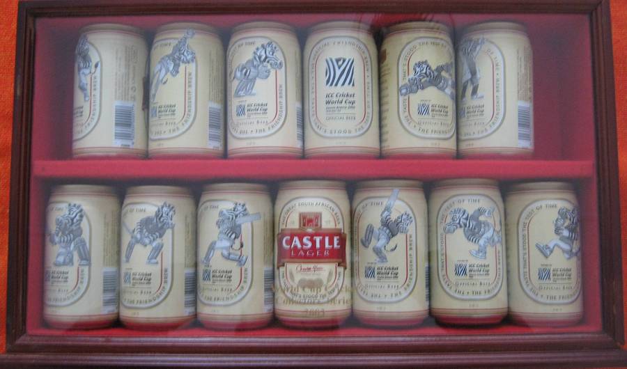 2003 ICC Cricket World Cup 12 Castle Beer Can Collection in Display Case