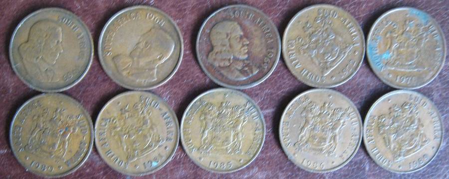 10 South African 2c Coins 1965 |1968 | 1969 |1970 | 1972 | 1980 |1981 | 1985 | 1986 |1989