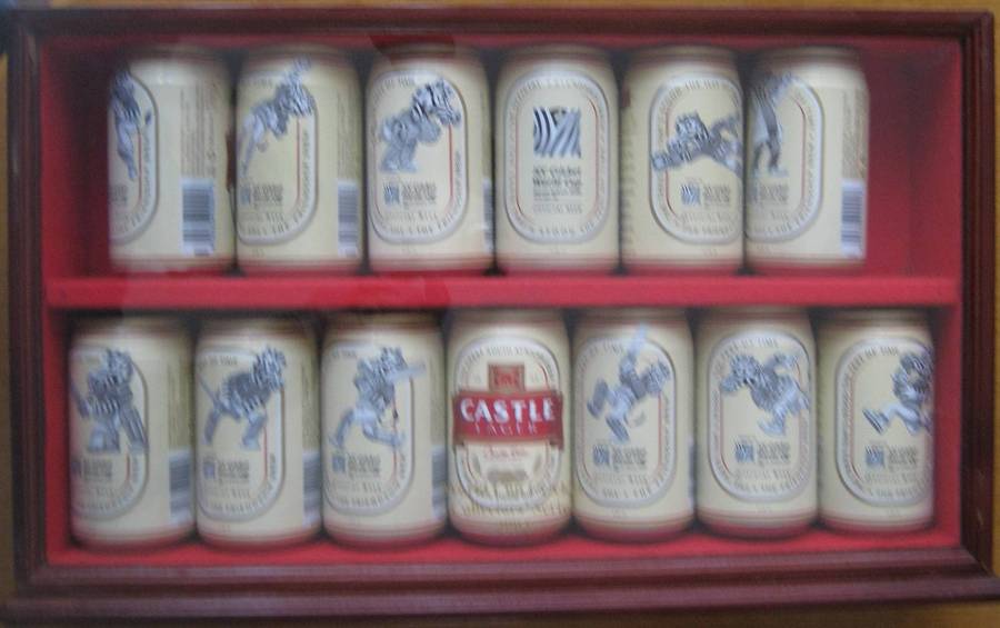 2003 ICC Cricket World Cup 12 Castle Beer Can Collection in Display Case