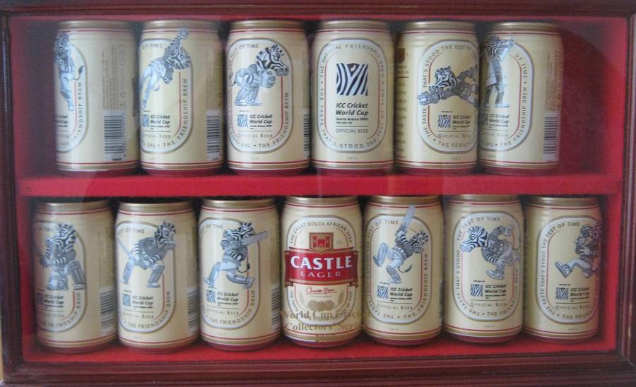 2003 ICC Cricket World Cup 12 Castle Beer Can Collection in Display Case