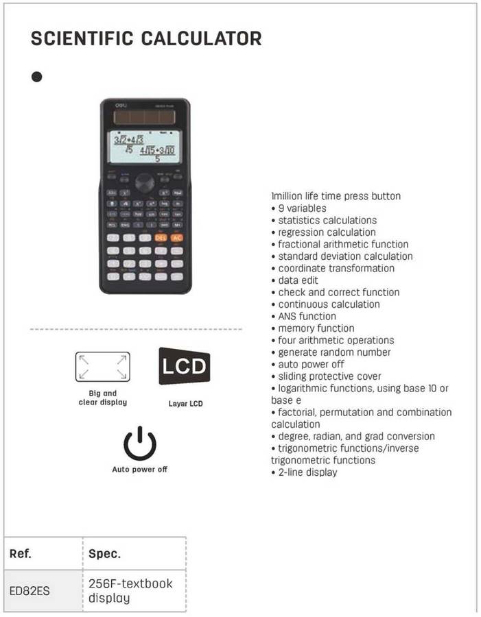 Deli D82ES Scientific Calculator - Advanced Functions & Dual Power