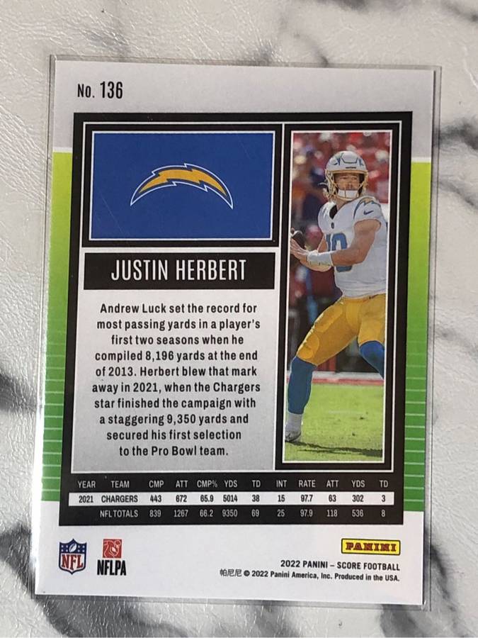 Justin Herbert SCORE 2022 American Football Trading Card