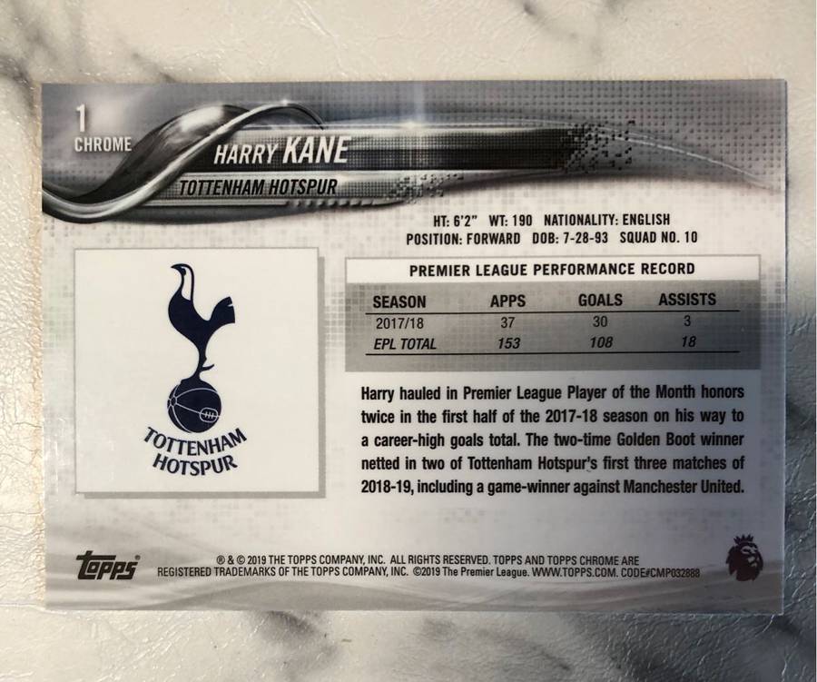 Harry Kane EPL Topps Chome 2019 RARE BASE soccer trading card