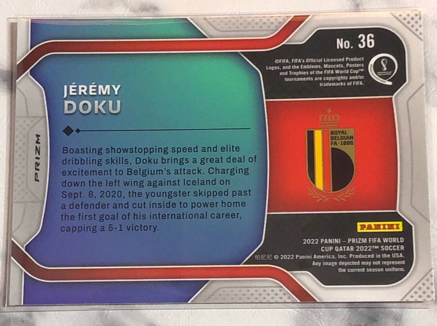 Jeremy Doku NEW ERA Refractor 2022 World Cup Prizm trading card