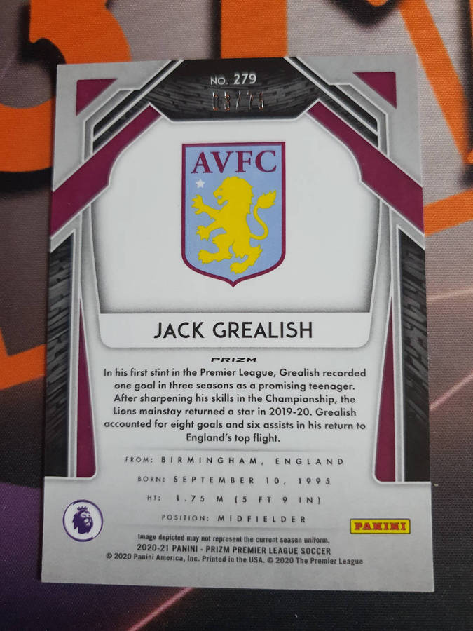 Jack Grealish NUMBERED out of 75 Prizm 2020 socer trading card