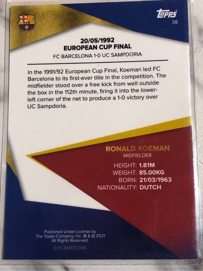 Ronald Koeman Iconic Moments Topps Barcelona set 2021 Soccer trading card