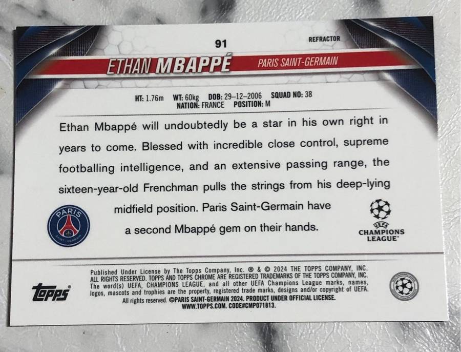 Ethan Mbappe ROOKIE Refractor 2024 (Kylian Mbappes younger brother) Topps soccer trading card