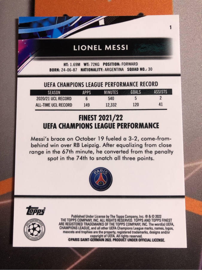 Lionel Messi Topps Finest 2022 soccer trading card
