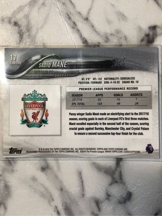 Sadio Mane EPL Topps Chrome 2019 soccer trading card