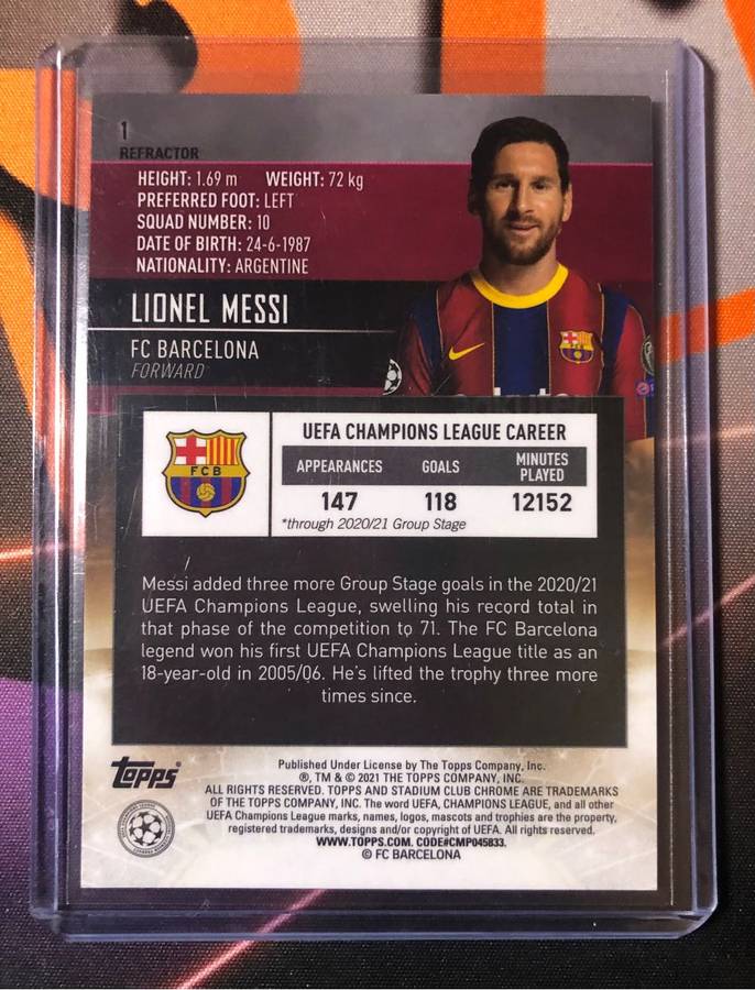 Lionel Messi SUPER RARE refractor Topps stadium club chrome 2021  SOCCER TRADING CARD