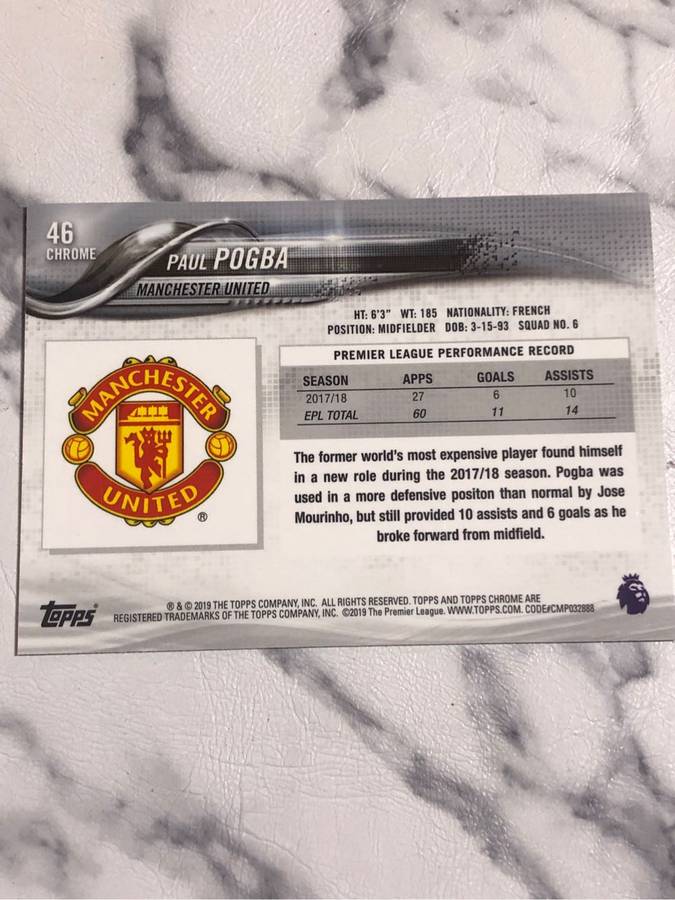 Paul Pogba Topps EPL Man United 2019 Soccer trading card