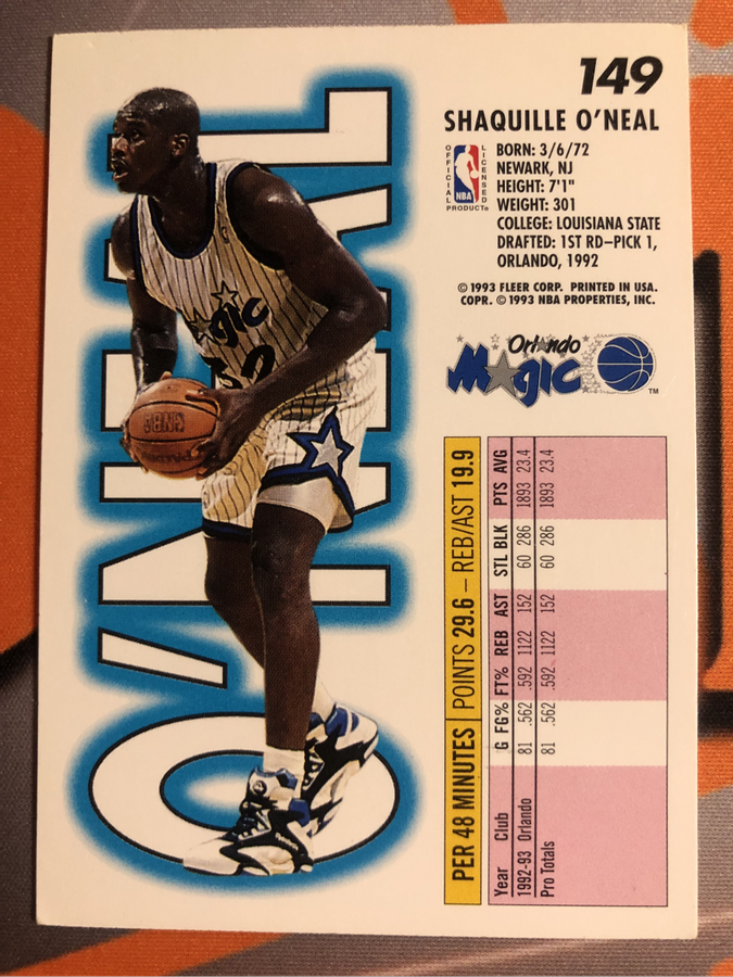 Shaquille Oneal NBA Fleer 1993 basketball trading card