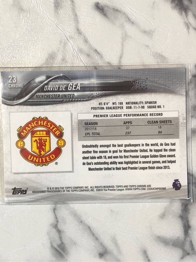 David De Gea English Premier League Topps chrome 2019 soccer trading card