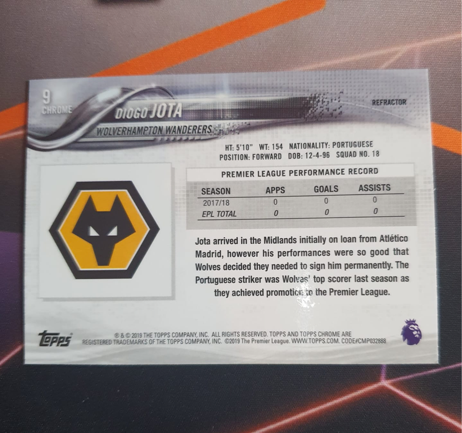 Diogo Jota ROOKIE REFRACTOR Very RARE EPL Topps Chrome 2019 Soccer trading card (RIP)
