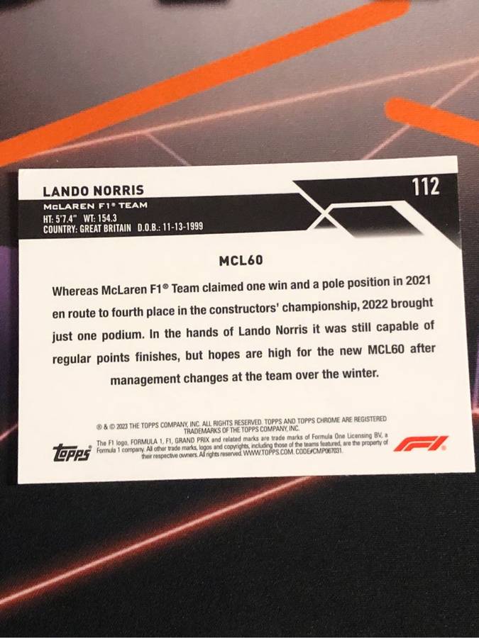 Lando Norris BASE F1 Topps chrome 2023 Formula One trading card