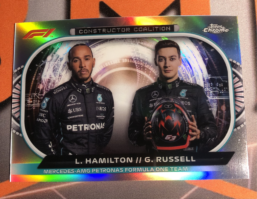Lewis Hamilton & George Russel REFRACTOR F1 Topps Chrome trading card