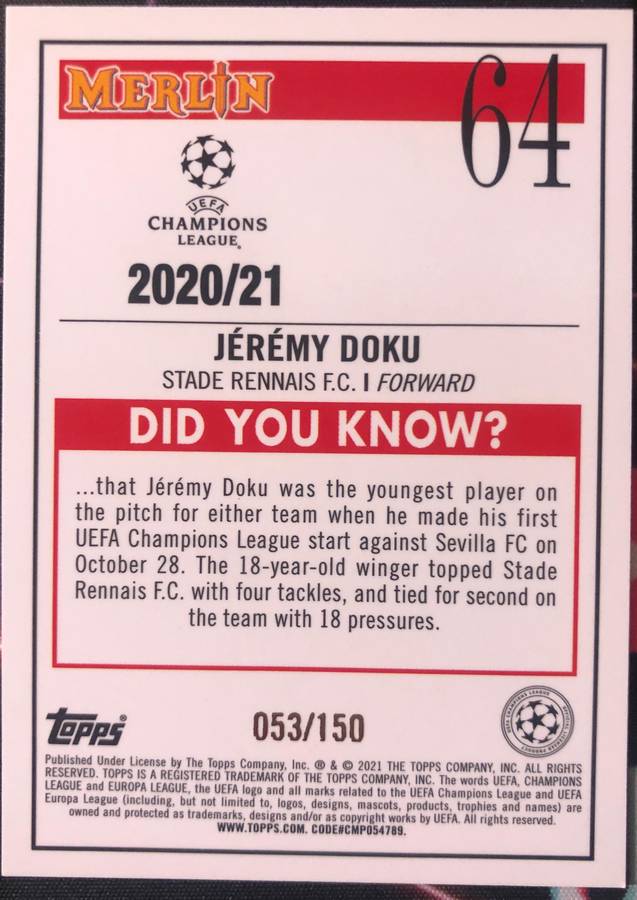 Jeremy Doku ROOKIE Topps Merlin 2020-2021 OUT OF 150