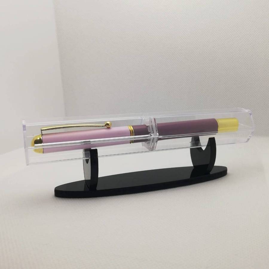 Metal Fountain Pen with Acrylic Case + 10 Black Ink Refills - 0.5 mm Fine-Nib, Pink