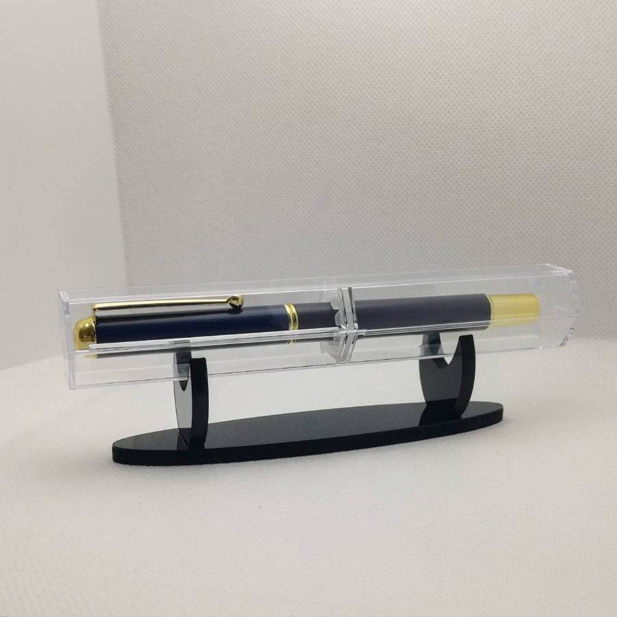 Metal Fountain Pen with Acrylic Case + 10 Black Ink Refills - 0.5 mm Fine-Nib, Blue