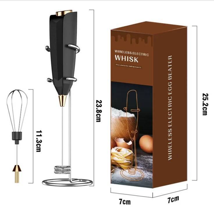 2-in-1 Electric Milk Frother & Mini Egg Beater with Double-Head Whisk + Stainless Steel Stand