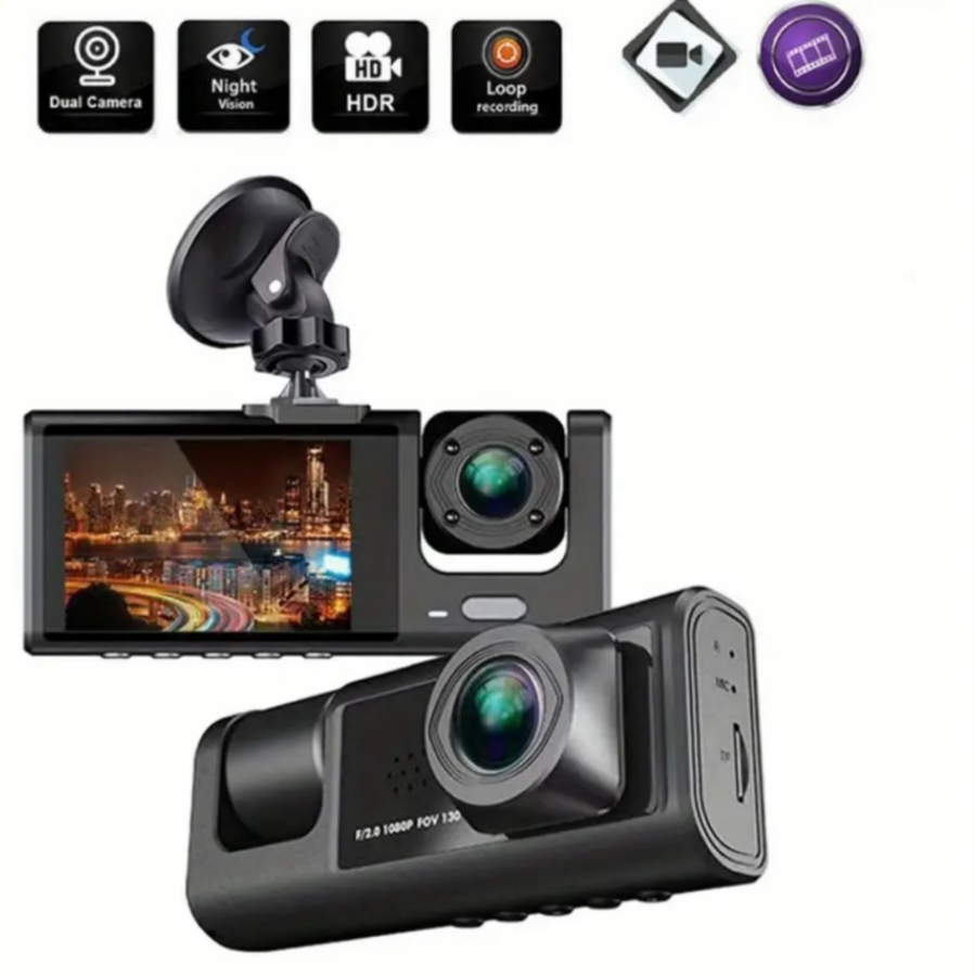 HD Car DVR Dual Lens Dash Cam | 1080P Front + 480P Interior Camera