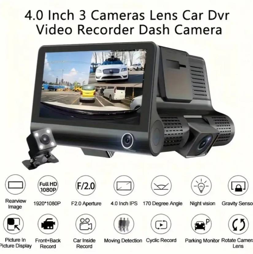 Full HD 1080P Dash Cam  3-Camera System (Front/Inside/Rear) With 64GB Memory Card