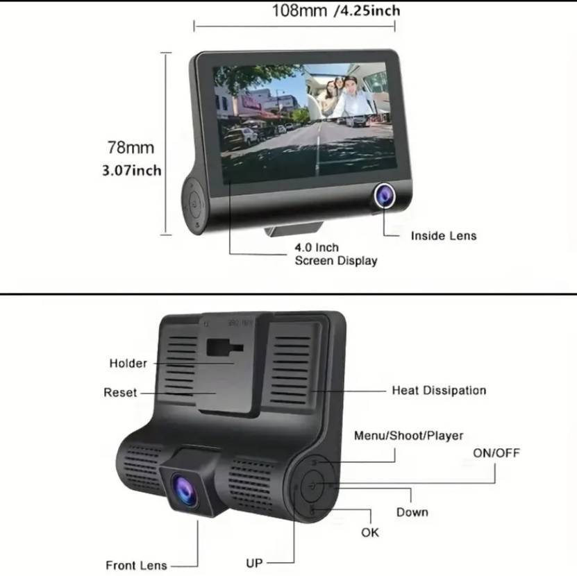 Full HD 1080P Dash Cam  3-Camera System (Front/Inside/Rear) With 64GB Memory Card