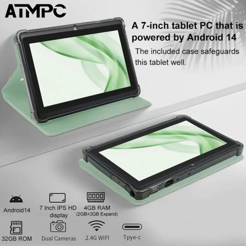Android 14 Tablet 7-inch | Protective Case | Quad-Core | 4GB RAM | HD 1024 x 600 |  32GB IS