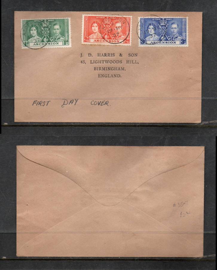 Ascension Island, GVIR, 1937 Coronation set, First Day cancel ASCENSION 19 MY 37 cds > England.