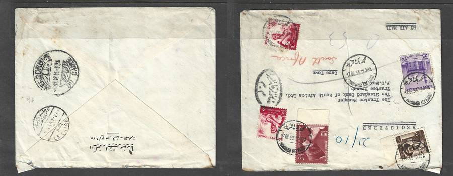 Egypt, 1955, registered air mail > S. Africa 155 mills, LE CAIRE & AERODROME DU CAIRE transits