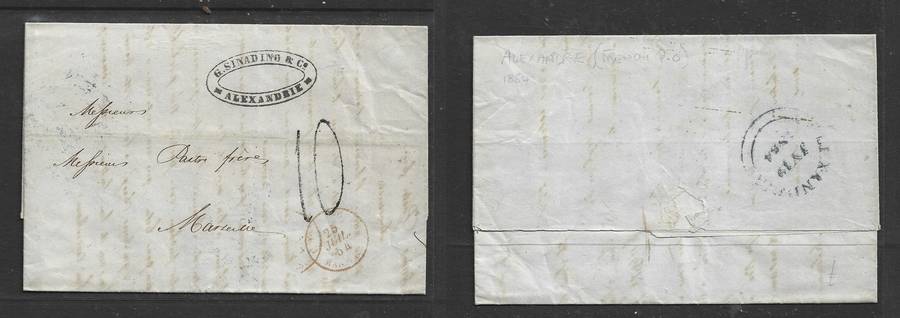 Egypt, 1854, entire, m/s 10,  cachet G.SINADINO & Co ALEXANDRIE, ALEXANDRIA c.d.s.> MARSEILLES,