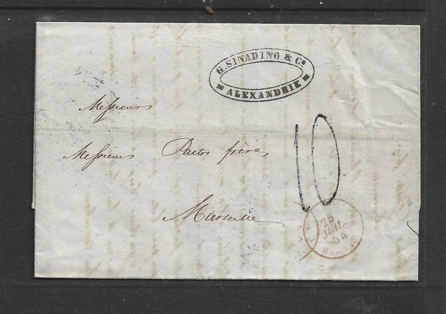 Egypt, 1854, entire, m/s 10,  cachet G.SINADINO & Co ALEXANDRIE, ALEXANDRIA c.d.s.> MARSEILLES,