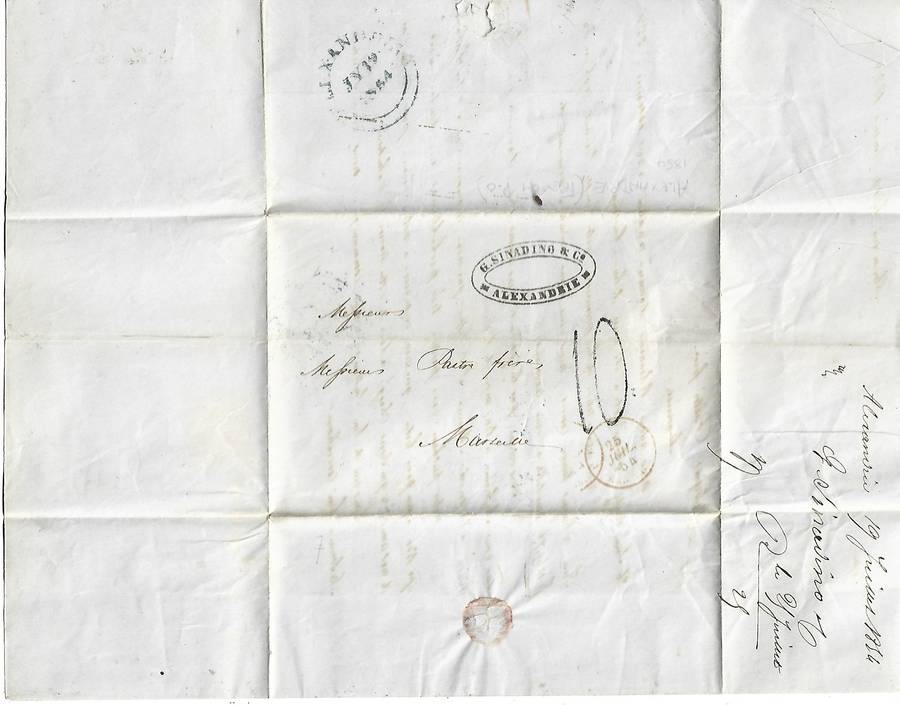 Egypt, 1854, entire, m/s 10,  cachet G.SINADINO & Co ALEXANDRIE, ALEXANDRIA c.d.s.> MARSEILLES,