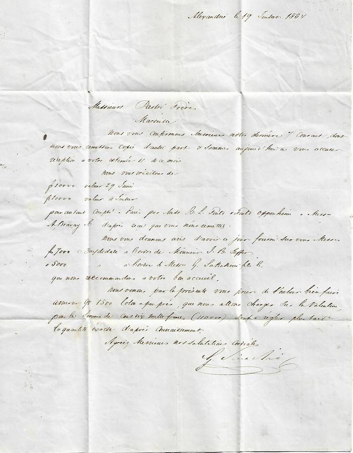 Egypt, 1854, entire, m/s 10,  cachet G.SINADINO & Co ALEXANDRIE, ALEXANDRIA c.d.s.> MARSEILLES,