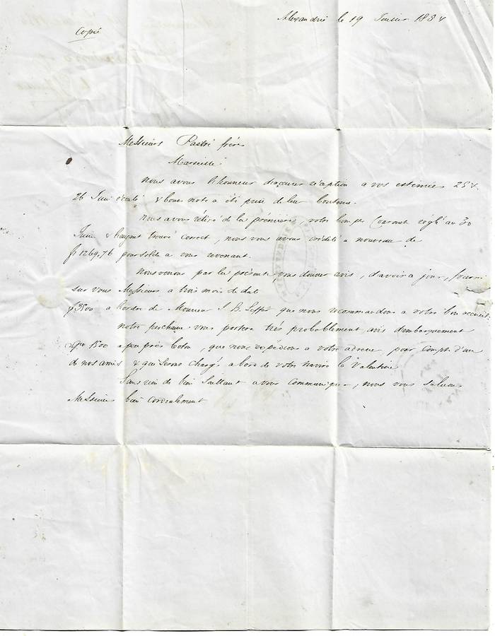 Egypt, 1854, entire, m/s 10,  cachet G.SINADINO & Co ALEXANDRIE, ALEXANDRIA c.d.s.> MARSEILLES,